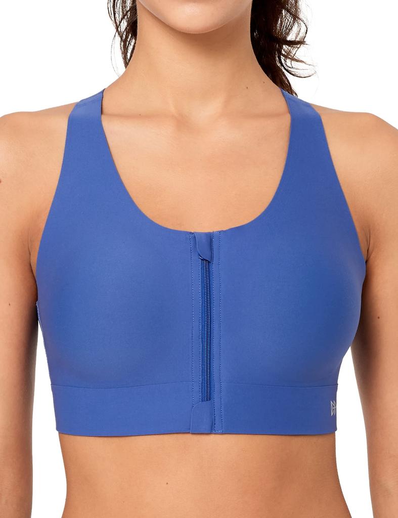Yvette Sports No Front Cross Front Royal Blue Bra, Bounce, Opening, Women's, Seamless, Running, Seamless, Back, Zipper, Yoga, Training, Sportswear, L,