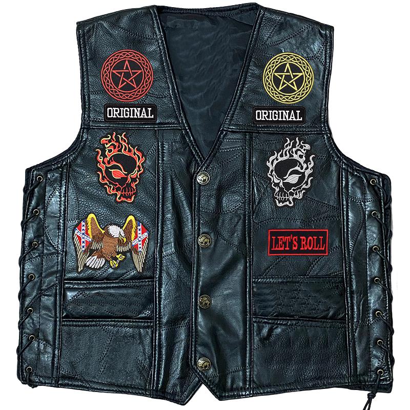 Binding Vest Leather Vest Men's Motorcycle Shoulder Four Season Cycling Clip Classic Embroidered Badge 11 Pieces of Elastic Bands Are Tied.