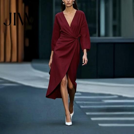 Deep V-Neck Dress Summer Women Dress, Ruffle Slim Waist Midi Long Casual Dresses Sleeves Solid Color Wrap for Daily Wear Party