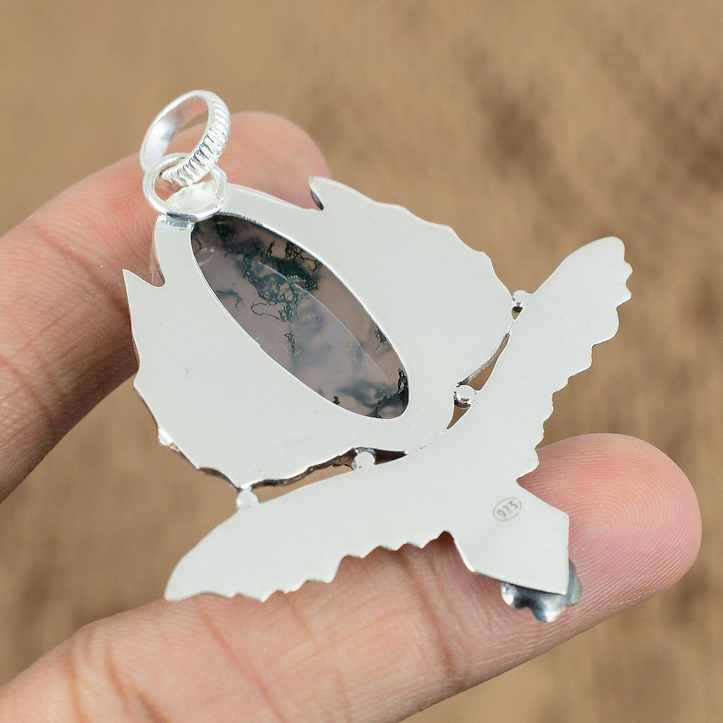 Natural Solar Moss Agate Gemstone 925 Sterling Silver Pendant Owl For Girls