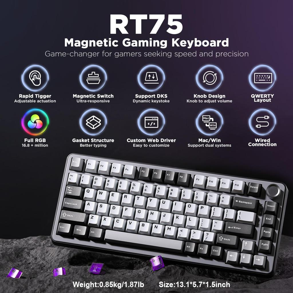 YUNZII RT75 Rapid Trigger Mechanical Gaming Keyboard with TKL Magnetic RGB Wired Layout PBT Adjustable Actuation Gateron Silky Switches, USB, Compact,