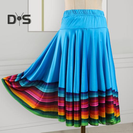 Midi Skirt Ladies Folk Dance Skirt Elastic High Waist Spanish Swing Skirt Rainbow Large Swing Hem Mexican Flamenco Performance Skirt