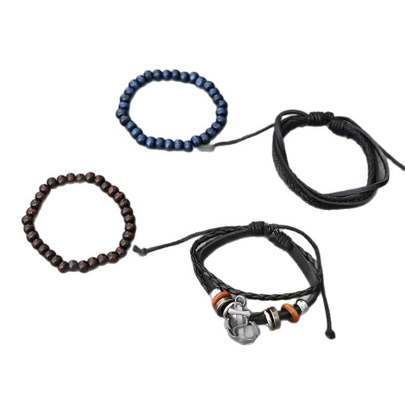 European-American Fashion 4-Piece Genuine Leather Punk Bracelet Set