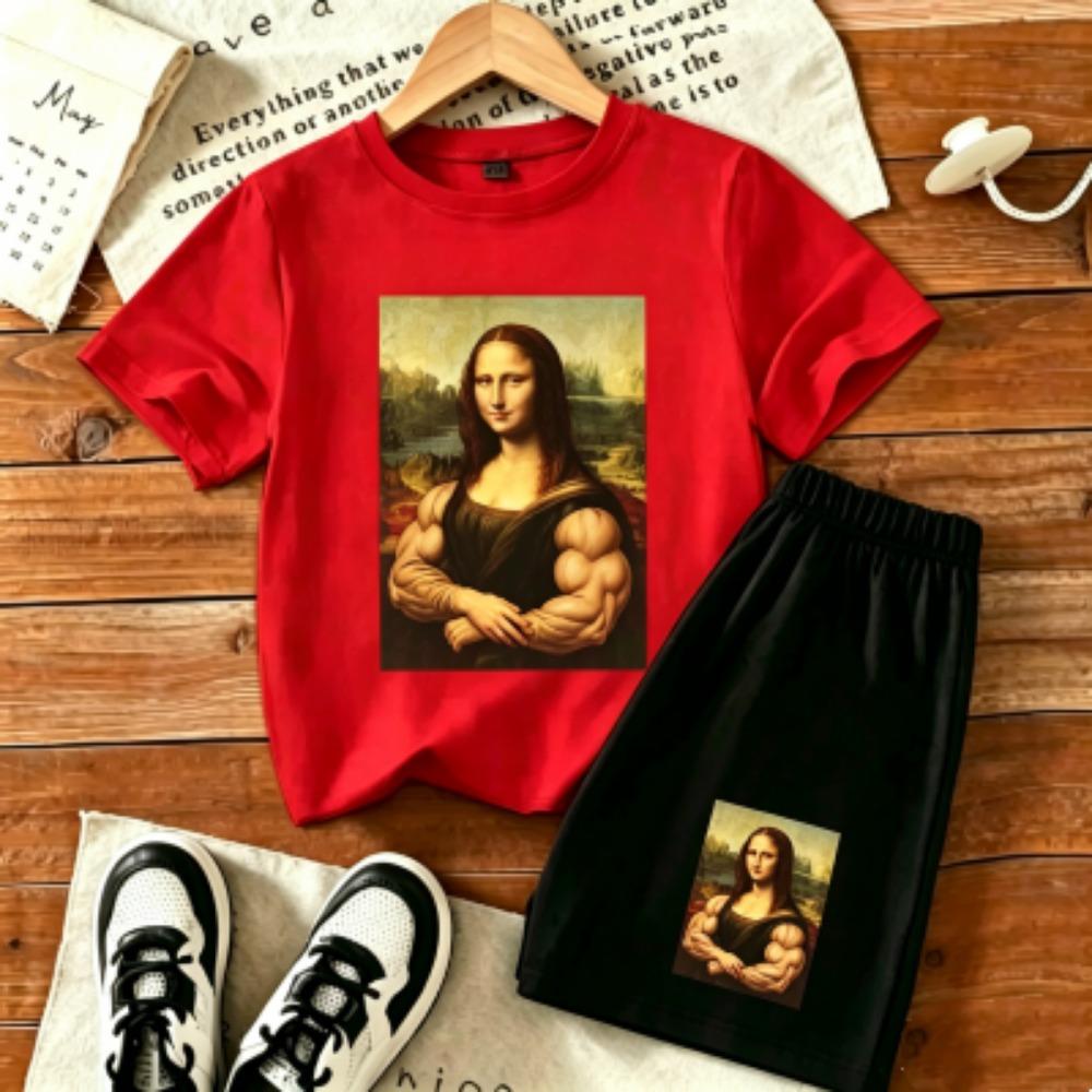 Kids Muscular Woman Fun Printed 11 Colors Outdoor Street Kids T-shirt and Shorts 2 Piece Set Summer Home Casual Outfit Boy and Girl's Sports Set