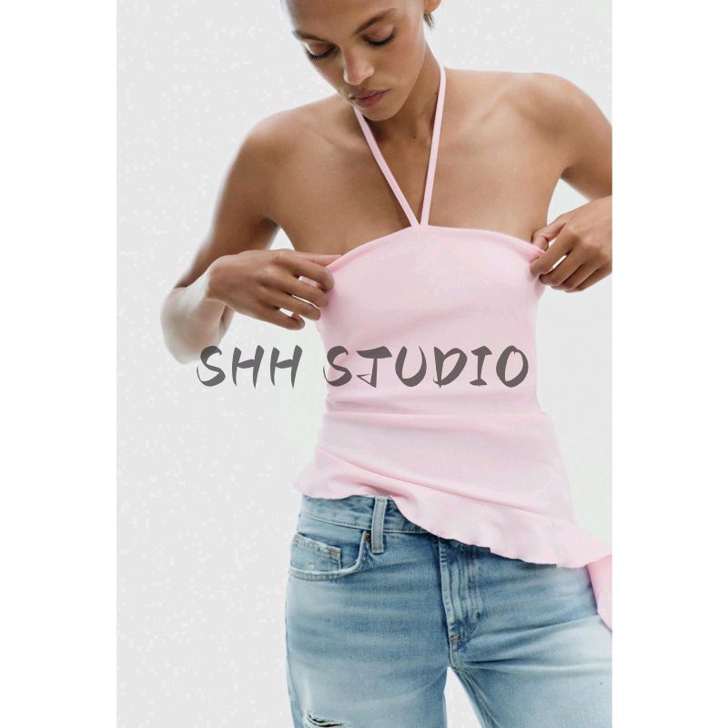 Summer New Product Women's Clothes Hanging Collar off-the-Shoulder Bow Shoelace Laminated Decoration Texture Tops 3641810