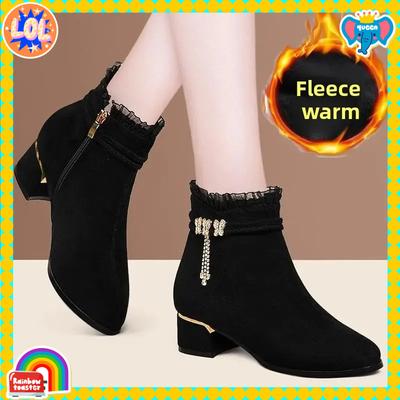 Fall Winter Short Boots Women Round Toe Thick Heel High Heel Fleece Lined Warm Cotton Shoes Mid Heel Low Heel