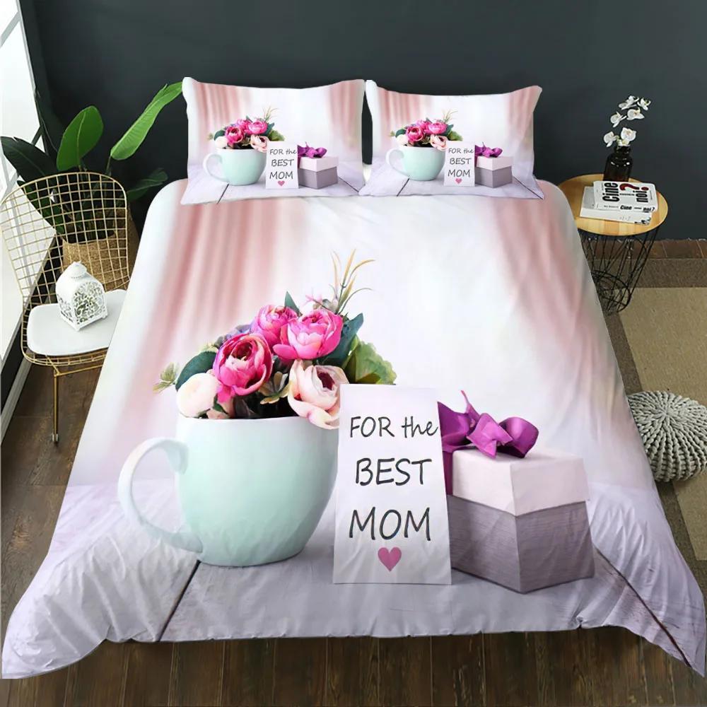 Mother's Day King Queen Duvet Cover Express Love For Mom Wife Bedding Set Colorful Floral Quilt Cover Polyester Comforter Cover