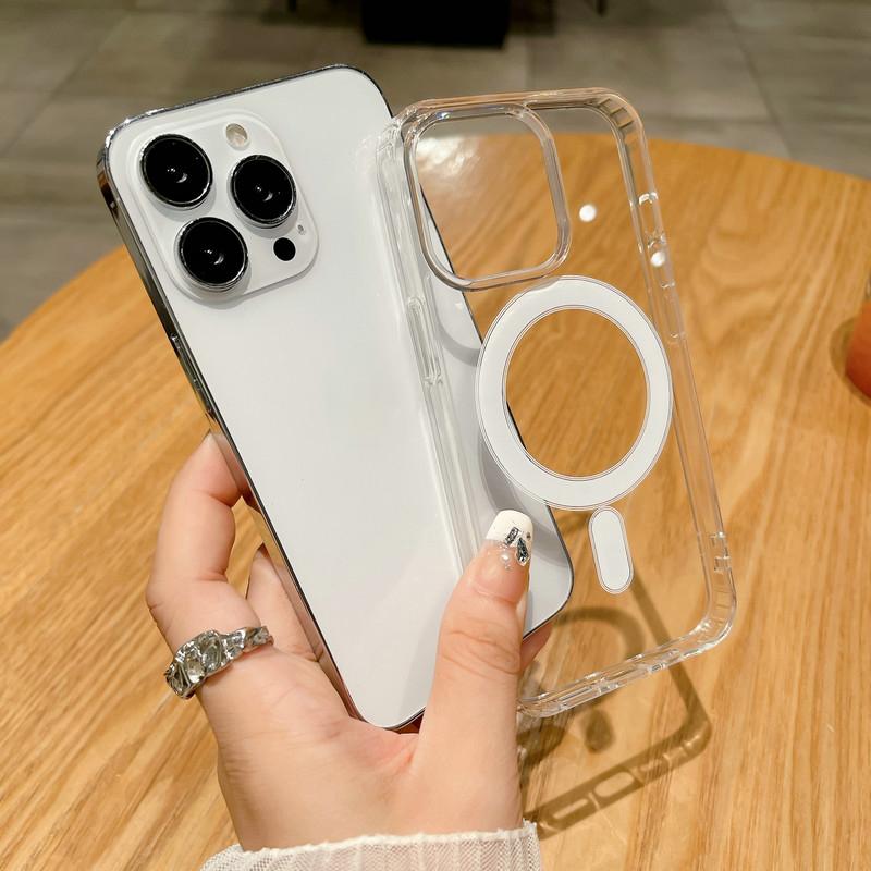 Transparent Acrylic + TPU 2in1 Magnetic Wireless Charging Clear Case Hard Back Case Compatible for iPhone Samsung