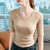 Solid Color Mid-sleeved T-shirt for Women New Women's Clothing Temperament V-neck Thread Base Shirt Pleated Waist Raft Top