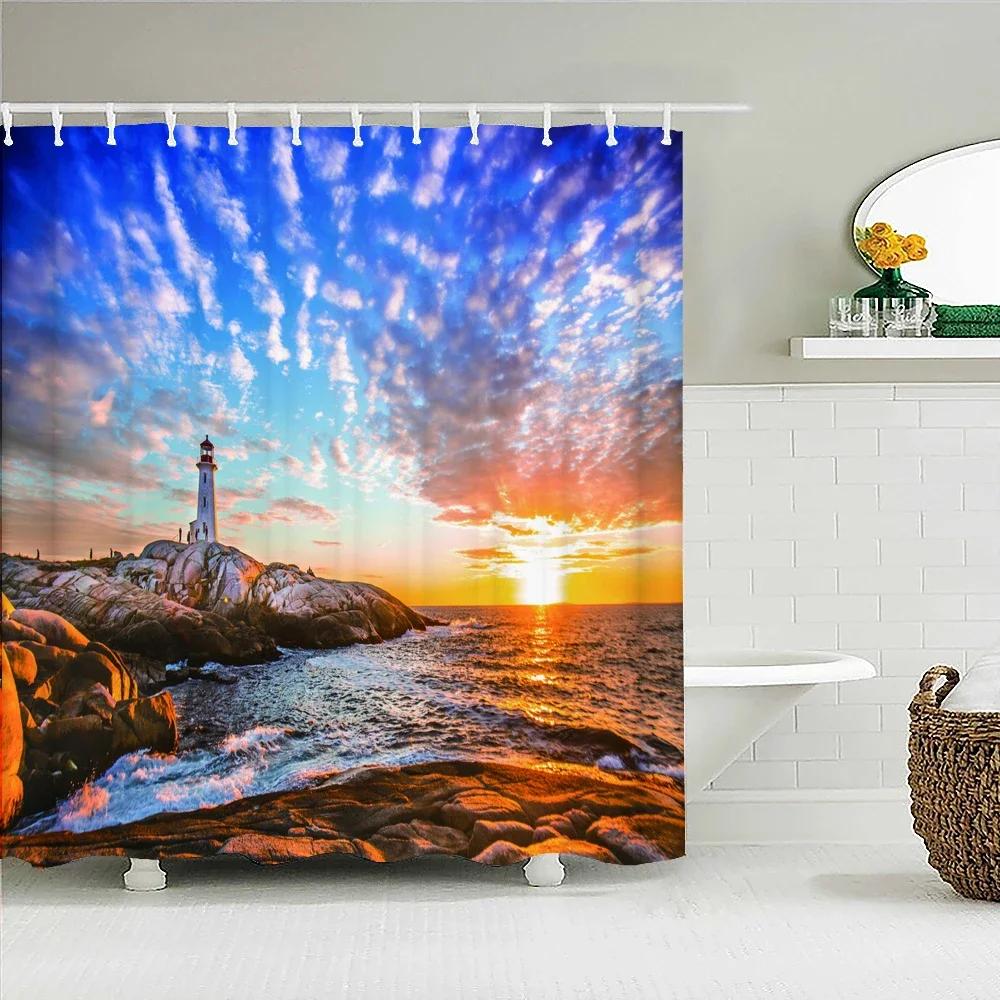 Sunlight Ocean Beach Fabric Shower Curtain Bathroom Curtains Sunset Dusk Sea Animal Dolphin Bath Screen with 12 Hooks 300x180