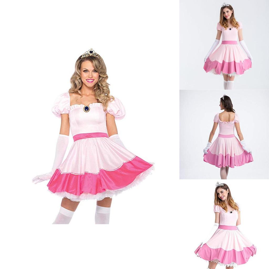 Elegant Super Mario Pink Princess Peach Costume Dress With Crown And Gloves Set