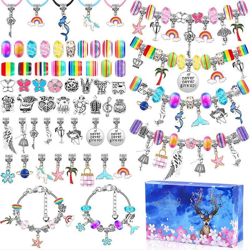 112pcs Cherry Blossom Deer Crystal Beads Kids Bracelet DIY Craft Kit Alloy Animal Themed Jewelry Making Set