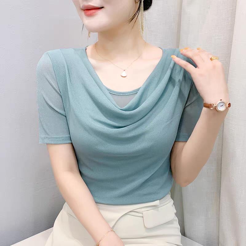 Summer Women's Draped Design O-Neck T-Shirt Trendy Elegant Short Sleeve Mesh Tops New Casual Fairy Tees Blouse