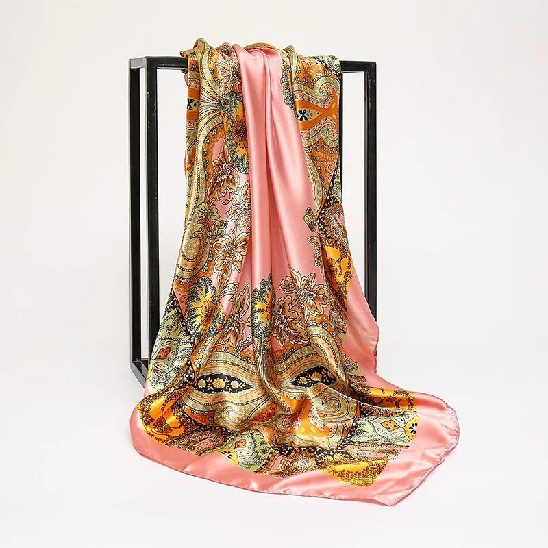 S 90*90Cm Square Silk Scarves Women Hijab Shawls Fashion Print Femme Head Scarf Foulard Bandana Beach Pareo