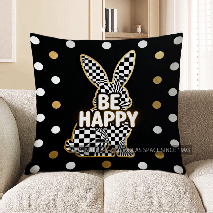 2D Checkered Bunny: Be Happy Polka Dot Pillow Pattern Cushion Cover Suitable For Sofa Bedroom Car Pillow Cover
