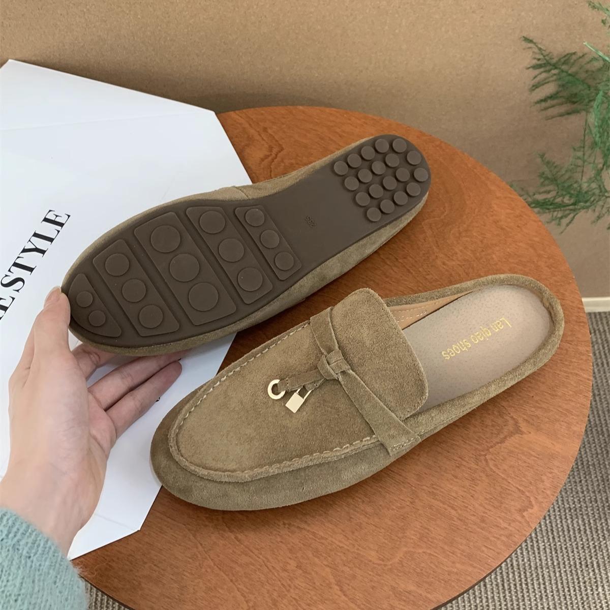 

Fashion Muller Slippers High Quality Luxury Loafers Suede Fashion Shoes Round Toe for Women Moccasins Comfortable Female Lazy Slip-on Fl 35 хаки