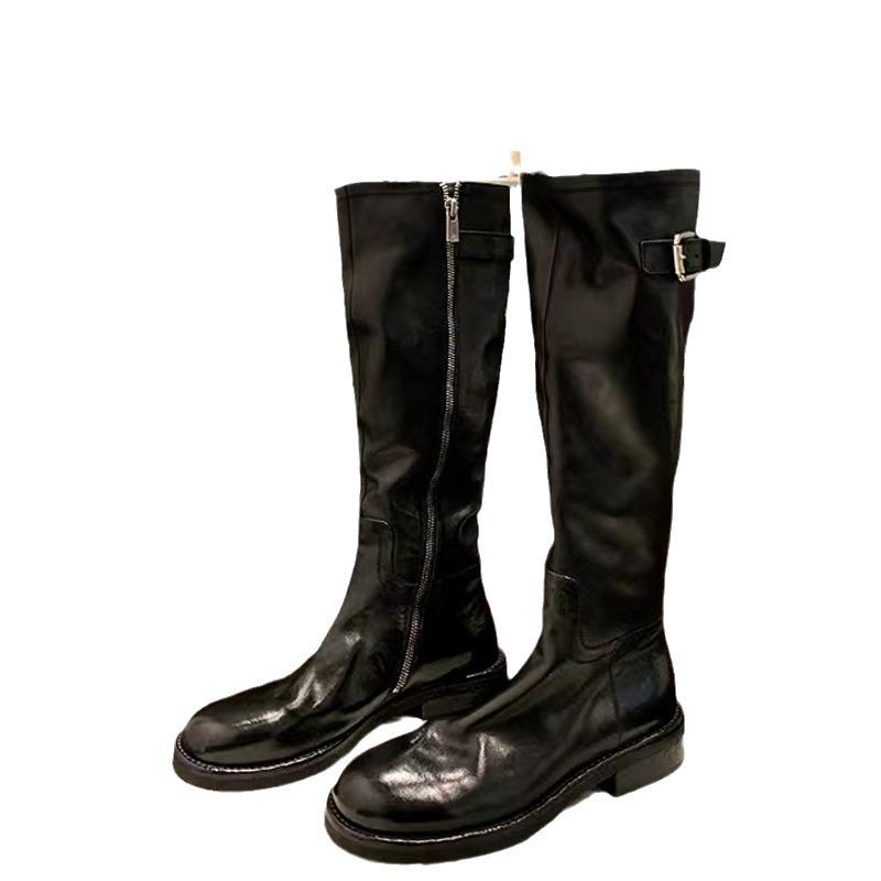 Grape mother autumn and winter washed inside and outside full horse leather thick-soled medium tube knight boots side zipper belt buckle high