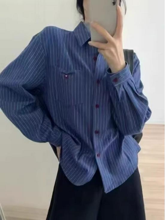 Women's 2026 Spring Slimming Korean Striped Polo Collar Long Sleeve Shirt