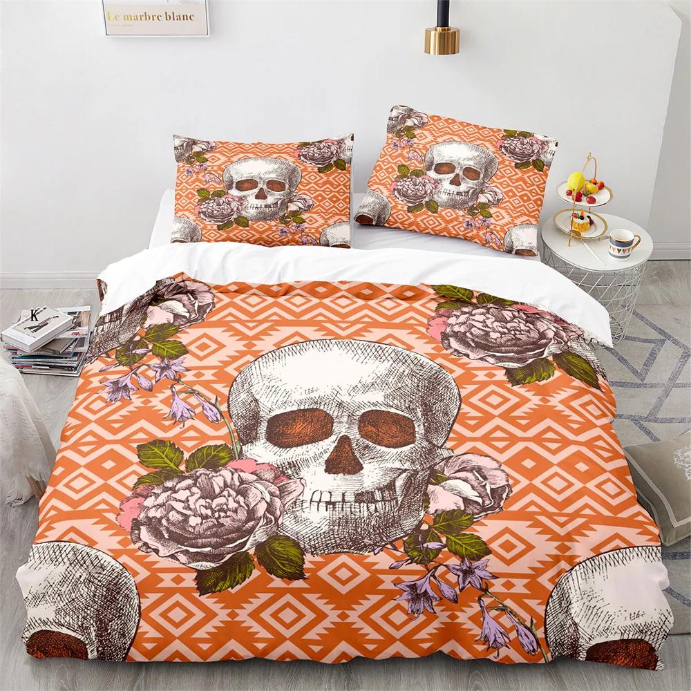 Sugar Skull King Queen Duvet Cover Gothic Skeleton Bones Floral Bedding Set Day Of The Dead Theme 2/3Pcs Polyester Quilt Cover