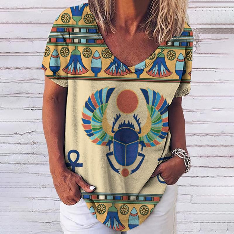 Summer T Shirt For Women 3d Fashion Geometric Print V Neck Short Sleeve Basic Tops Streetwear Casual Oversized Female Clothing