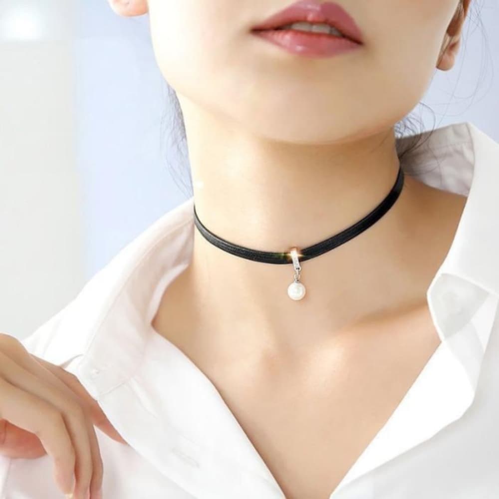 [Onoma] Onm Modern Pearl Gold Silver Leather Choker Length Adjustable (13870912)