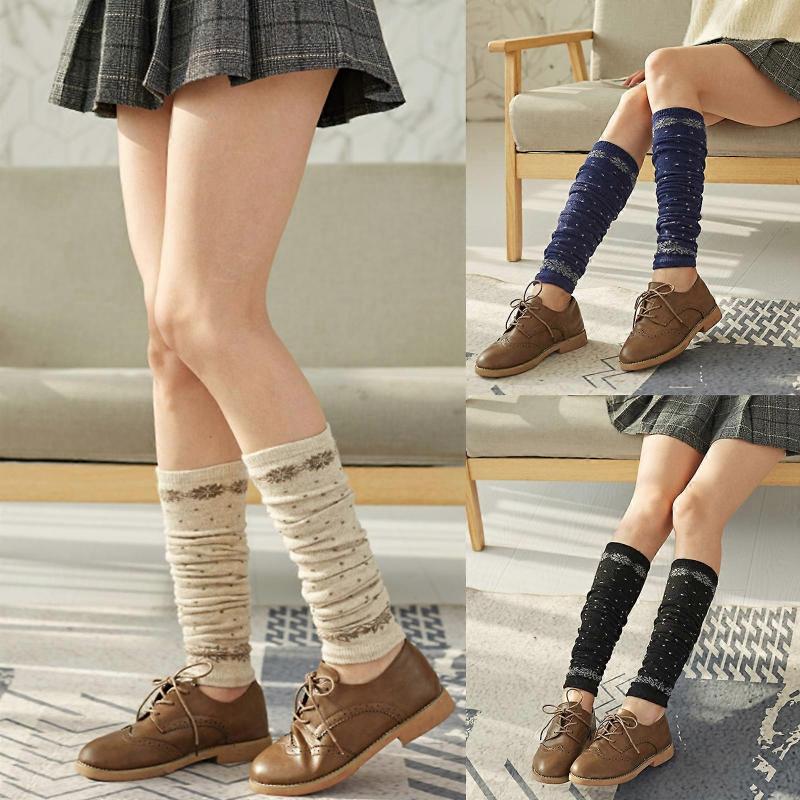 Women Winter Faux Wool Long Leg Warmers Snowflake Dots Knit Warm Over Knee Socks  Navy Blue