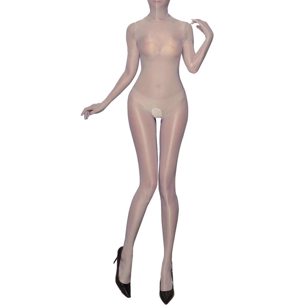 Women 8D Oil Shiny Glossy Full Bodystocking Nylon See Through Sheer Hooded Bodysuit Catsuit