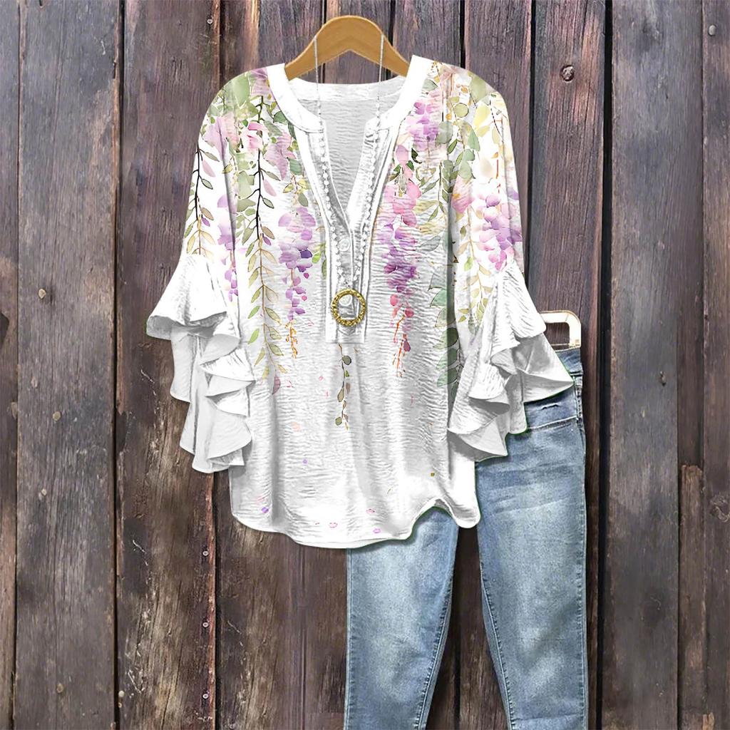 Women's Fashion Casual Button V-Neck Seven Sleeve Vintage Printed Shirt Top