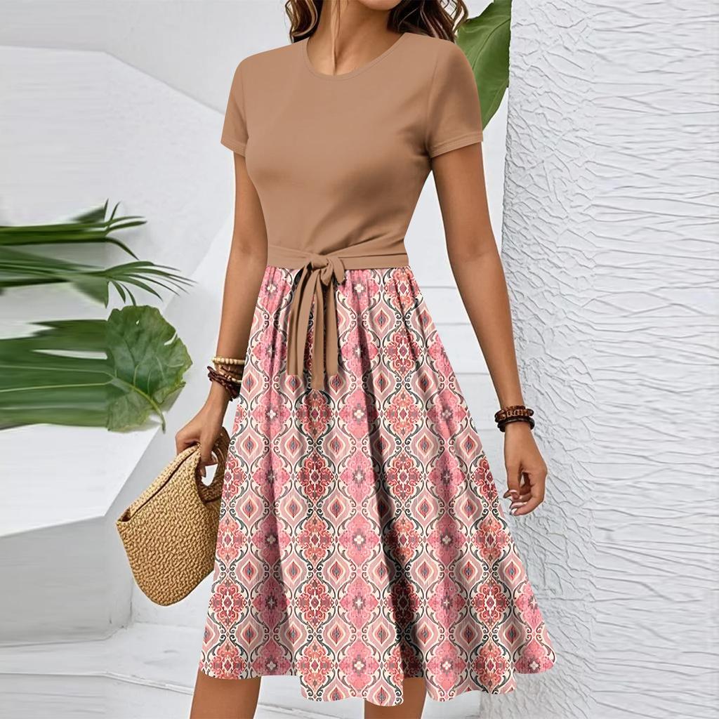 Women's Casual Fashion Belted Vintage Printed Short Sleeve Round Neck Elegant Dress