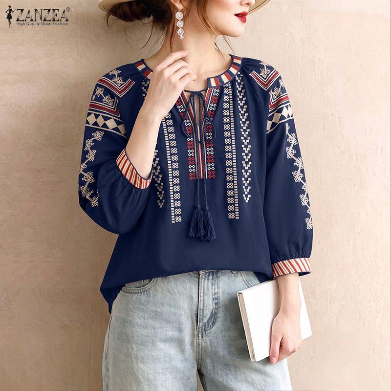 ZANZEA Women Boho Print Summer Casual Round Neck 3/4 Sleeve Blouse