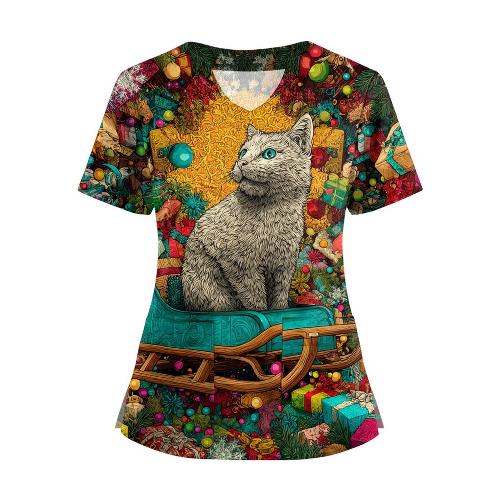 Damski T-shirt z krótkim rękawem z nadrukiem świątecznym, dekoltem w serek, zapinany na guziki z rozcięciem z boku