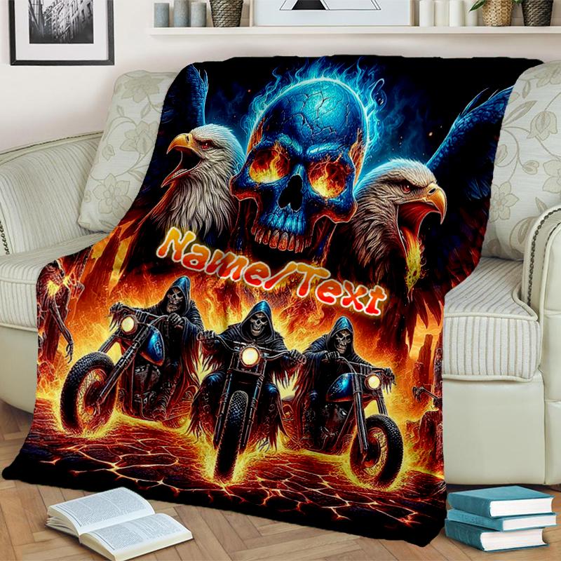 1PC Custom Name Biker Spirit Fire Skull flannel blanket versatile,all-season throw suitable for the living room,bedroom,camping,travel,and gift