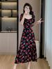 Summer 2024 French Square Neck Rose Print Dress - Gentle Style