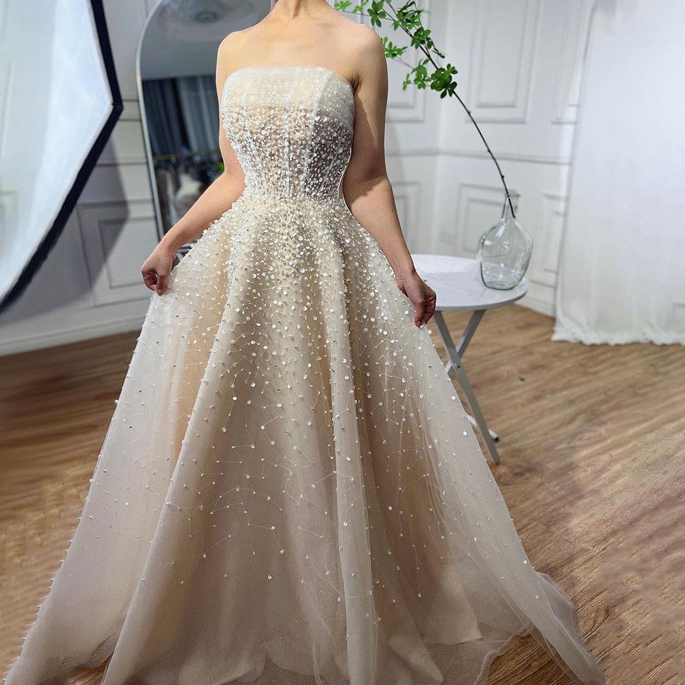 Off-white tube top A-word beaded long dress party celebrity host art test performance evening dress LA11009