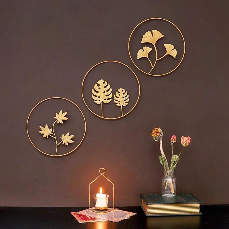 Creative Fashion Nordic 24cm Iron Wall Hanging Ornament Gold Picture Frame Ginkgo Leaf Palm Tree Wall Background Decor Room Home