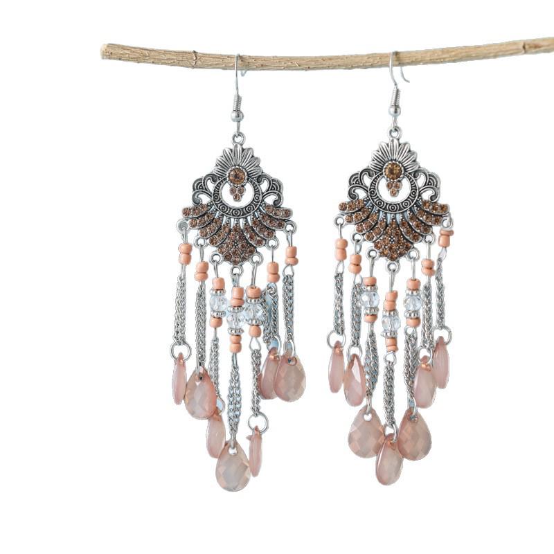Bohemian Water Drop Rhinestone Earrings with Multi-Layer Beads - Retro Fan-Shaped Dangle Design
