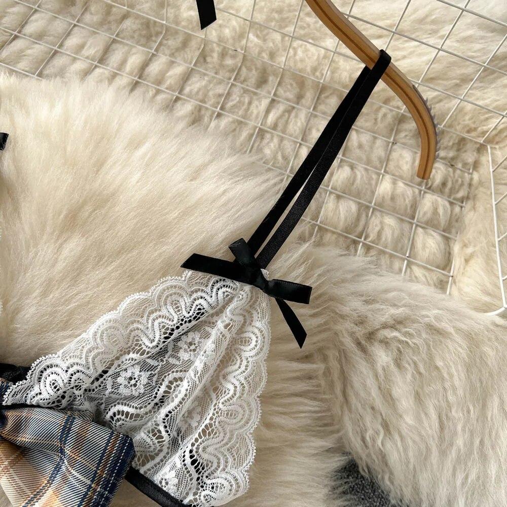 Sexy Plaid Japan Style Erotic Sets Women Pleated Short Skirt + Bow Strapless Lace Camis Female Sweet JK Uniform Lingerie Suits 2024
