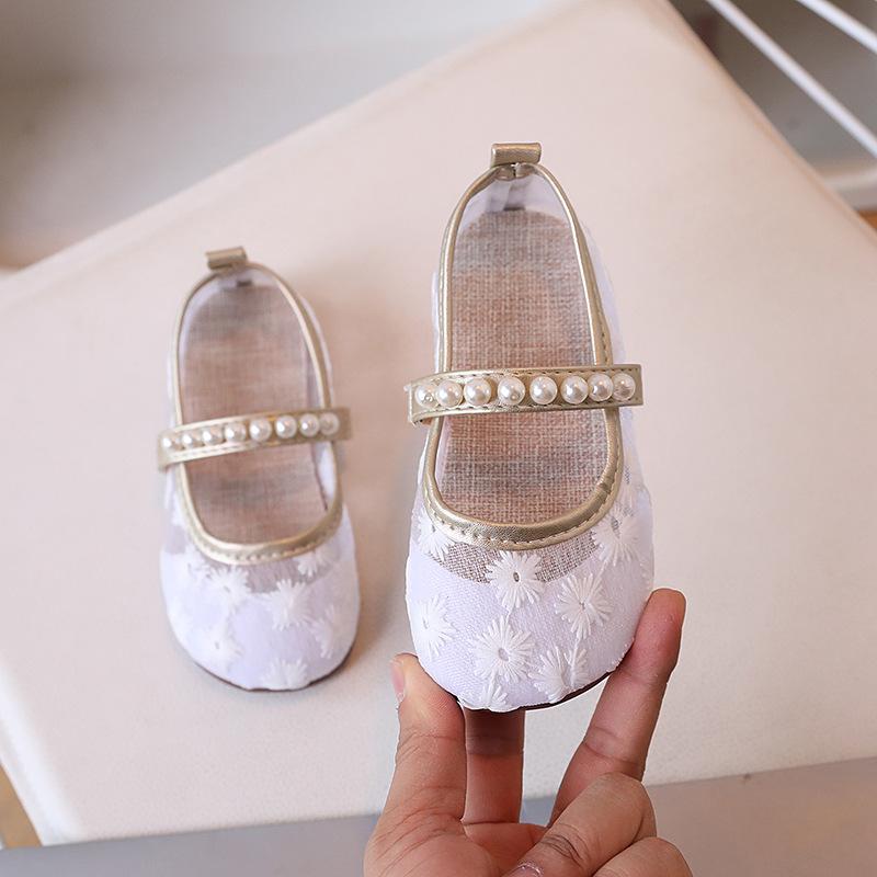 Kids Daisy Embroidery Mesh Pearl Mary Jane Flat Shoes 23 бежевый