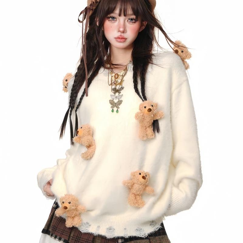 Sweet and Lazy Sweater Women's Bear Accessories Soft Waxy Autumn and Winter Loose Long-sleeved Knitted Sweater Top Women's Clothing