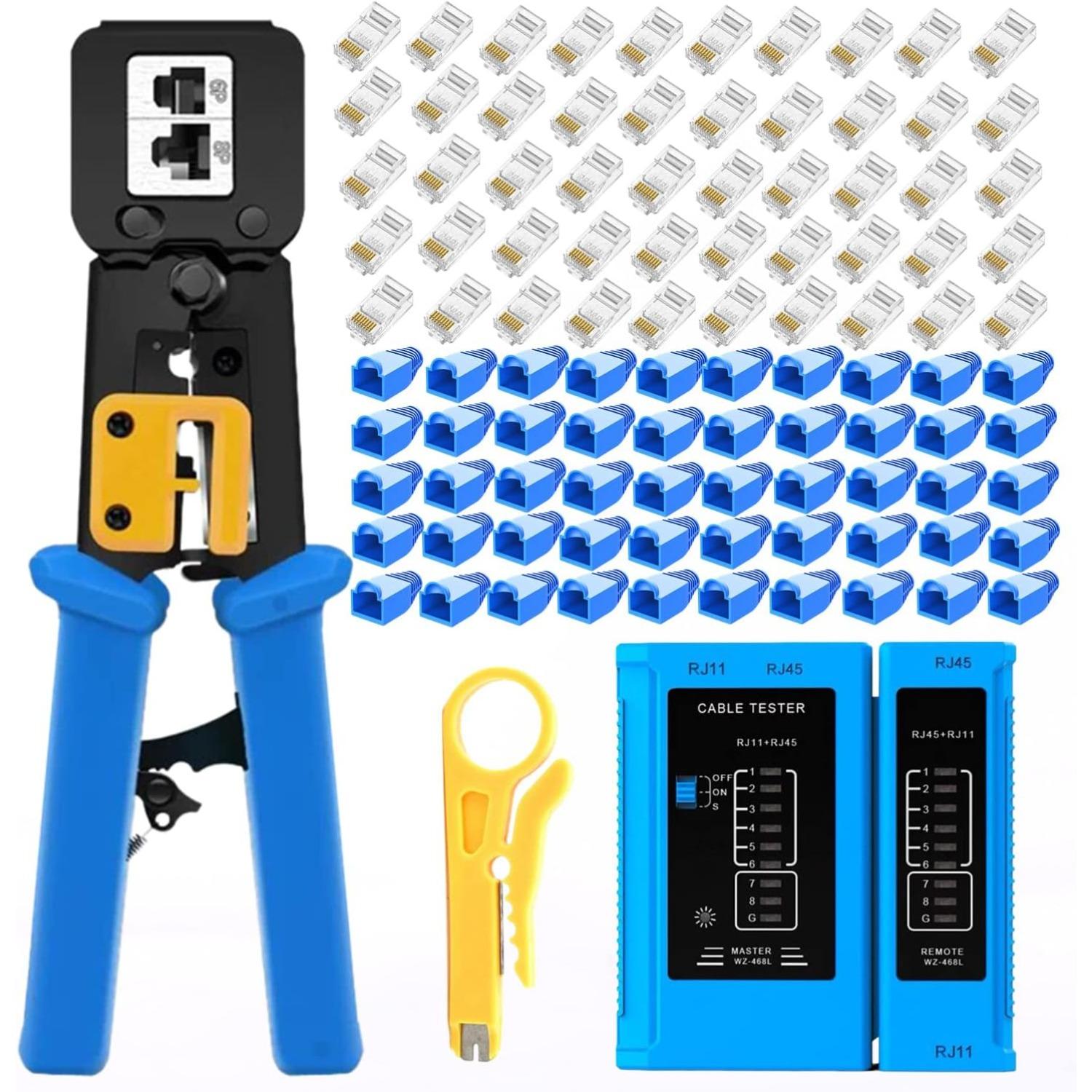 Gaobige rj45 Crimping Tool for Cat6 Cat5e Cat5, Sturdy Crimper for rj45 rj12/11 Pass-Through Connectors with 50pcs rj45 Cat5e Pass-Through Connectors 50PCS