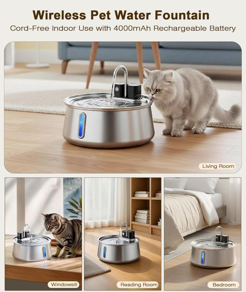 Cordless Rechargeable Pet Drinking Fountain 4L Stainless Steel Automatic Water Bowl Dispenser for Cat Dog Home