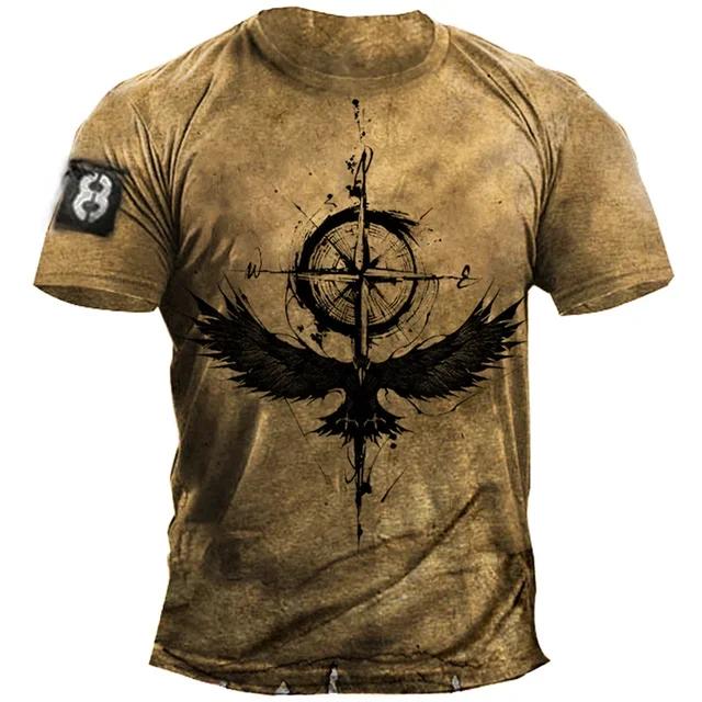 Summer Round Neck Vintage Compass Pattern 3D Print Top Fashionable Casual Short Sleeved Men's T-shirts