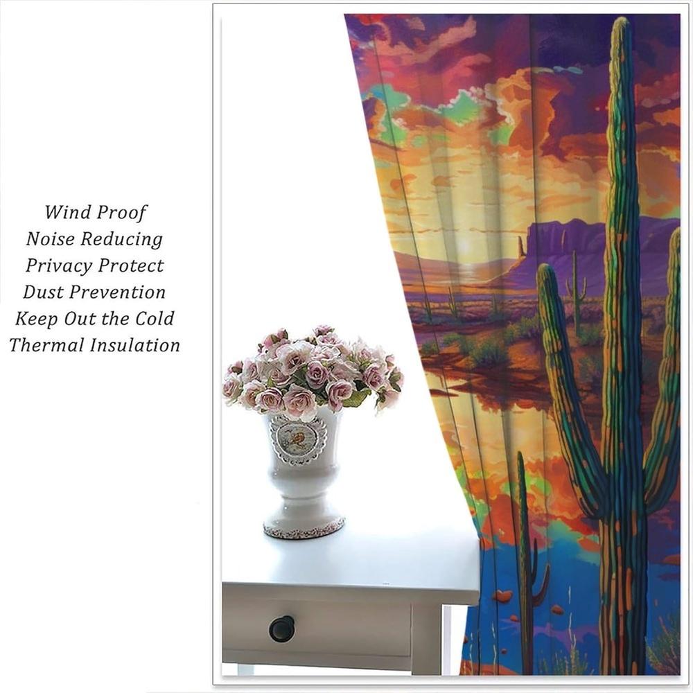 2 Panels Southwestern Desert Landscape Blackout Curtains - Turquoise Blue & Purple Cactus Print Window Drapes   100% Polyester Th