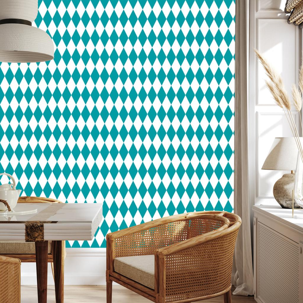 Harlequin Diamonds Wallpaper Turquoise and White for Living Room and Bedroom 50x1000