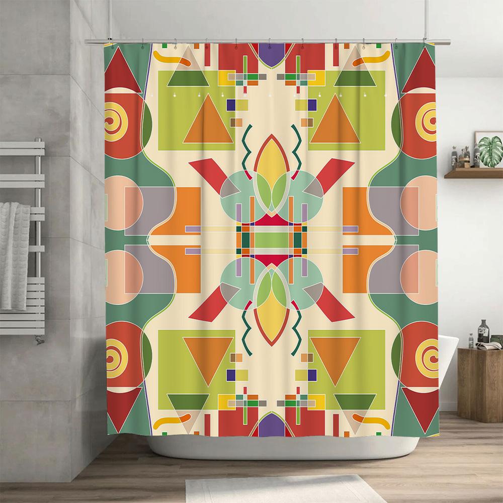 Colorful Geometric Shower Curtain For Bathroom Decor Waterproof Fabric With Rings Various Size Options Available (Green)