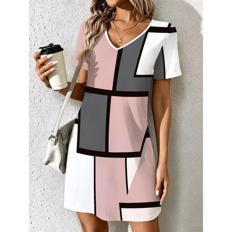 Ladies Summer V-Neck Short Sleeve Casual Dress Fashion Colorful Geometric Print Dress Elegant Women's Clothing