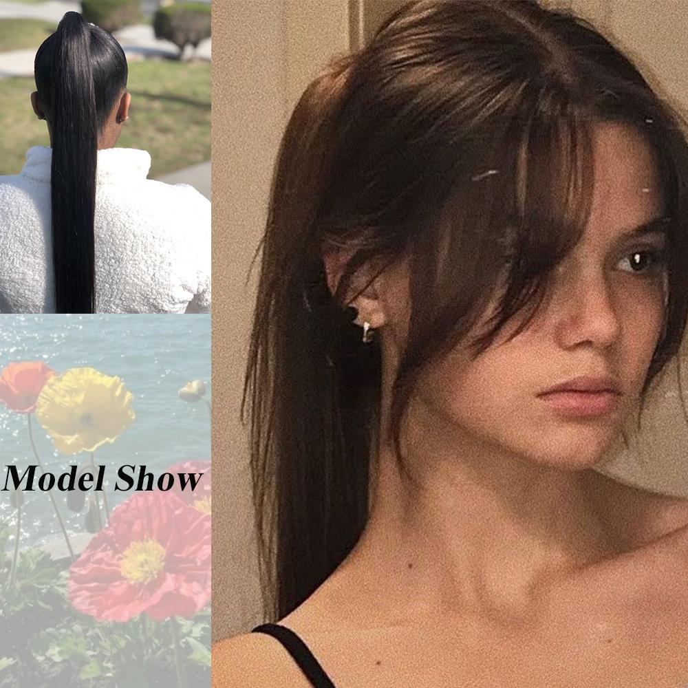 Bybrana Clip-on straight ponytail black brown synthetic hair wig