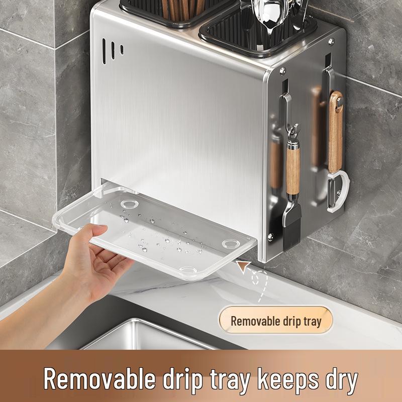 Stainless Steel Wall-Mounted Chopstick & Knife Holder with Drip Rack
