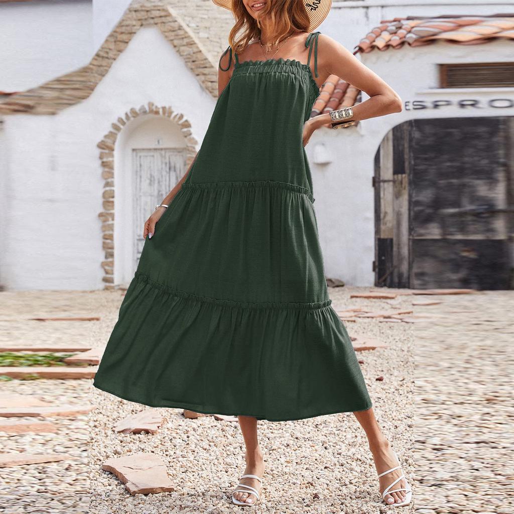 Women Adjustable Spaghetti Straps Sleeveless Dress Casual Loose Pleated Sling Beach Dress Long Dress