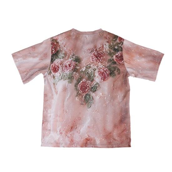 Women Tops Round Neck Short Sleeve Pullover Tops Loose Fit Faux Pearls 3D Floral Decor Sun Protection Lightweight Casual Summer